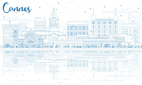 590x355 Outline Cannes Skyline With Blue Buildings And Reflections Vector