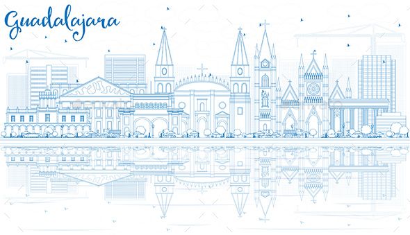 590x339 Outline Guadalajara Skyline With Blue Buildings And Reflections