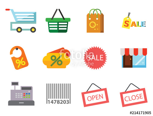 500x379 Label Icons Set With Sale Sign, Shopping Bag And Cash Register