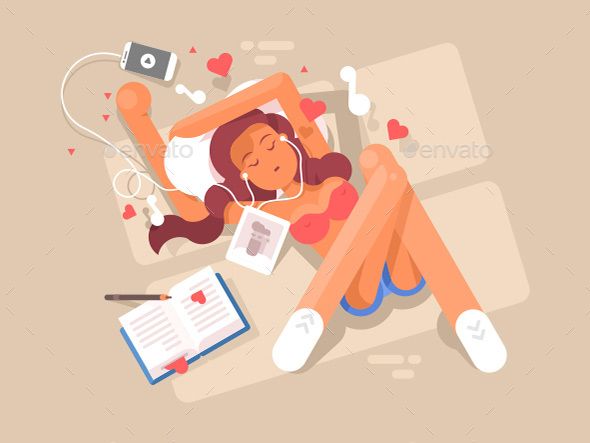 590x443 Young Girl Listens To Music In Headphone, Woman Lying And Relax