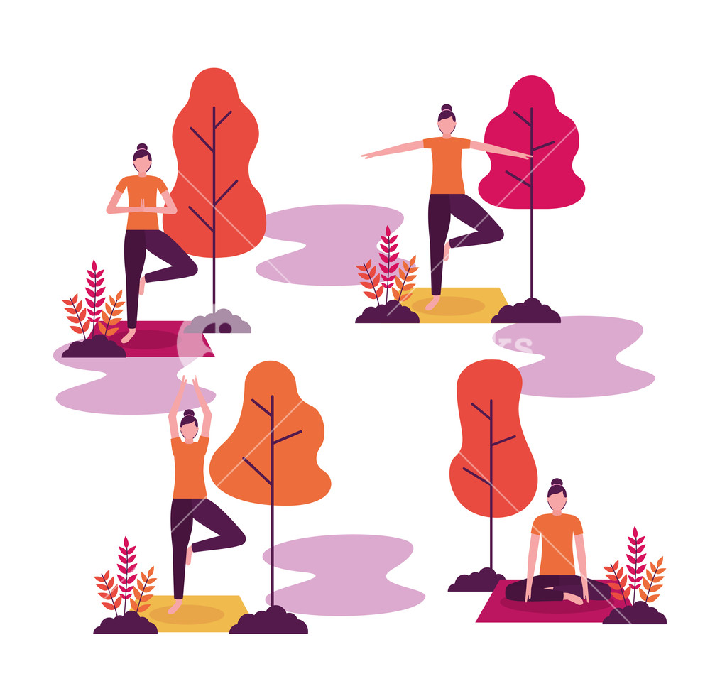 1000x980 Yoga Activity Collage Woman Park Relax Vector Illustration Royalty