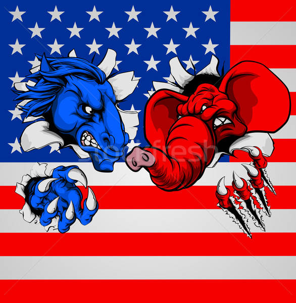 586x600 Democrat Republican Elephant Donkey Fight Vector Illustration