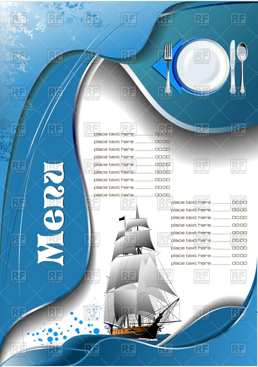 845x1200 Fish Restaurant Menu With Frigate On Wavy Background Vector Image