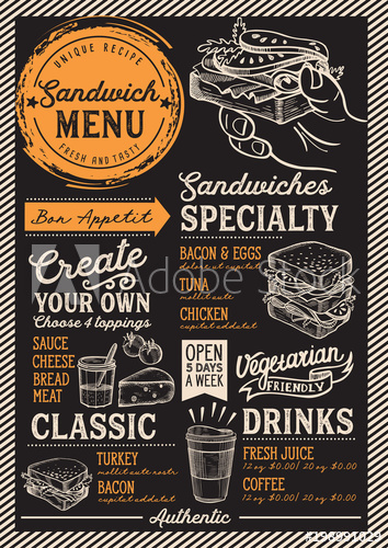 354x500 Sandwich Restaurant Menu Vector Food Flyer For Bar And Cafe