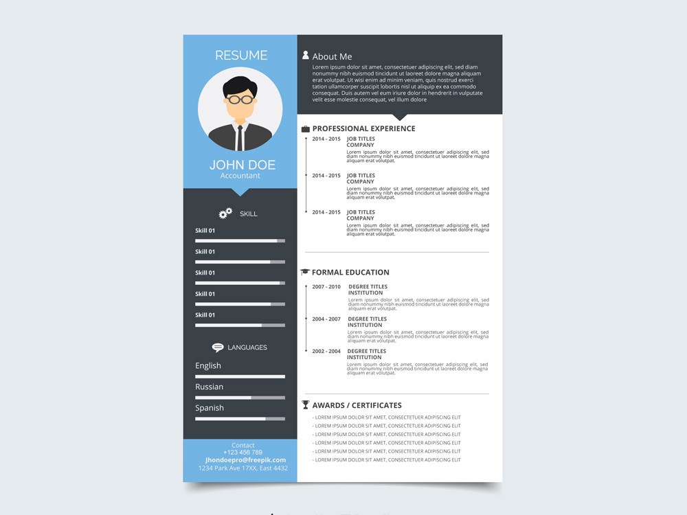 1000x750 Free Vector Resume Template With Flat Style Design