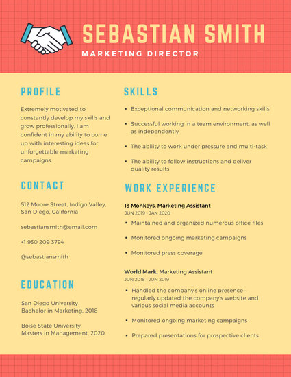 425x550 Yellow Red Grid Vector Handshake Creative Resume