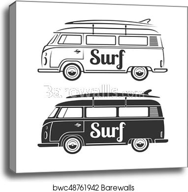 382x390 Vintage Retro Camper Van With Surfboard Set Of Surfer Bus
