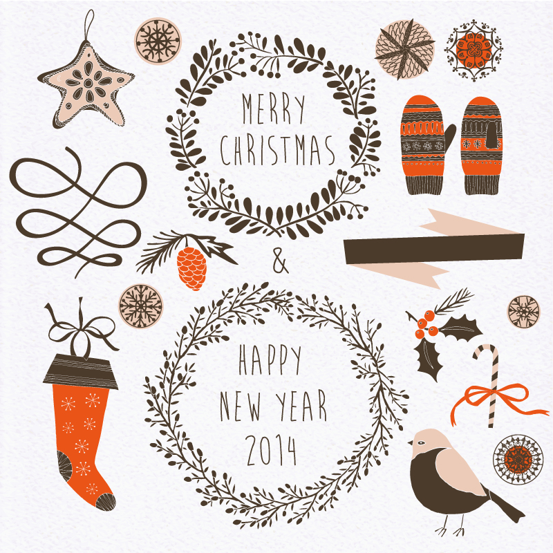 800x800 Retro Christmas Elements Pine Birds Vector Free Vector Graphic