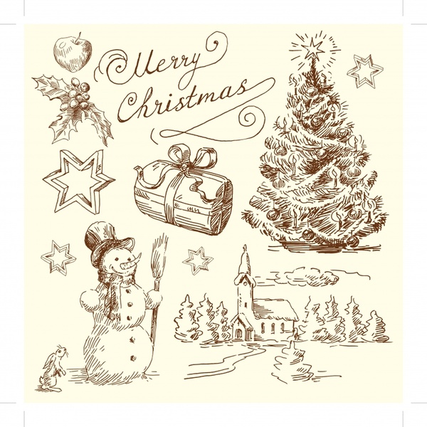 600x600 Christmas Card Template Classical Handdrawn Symbols Sketch Free