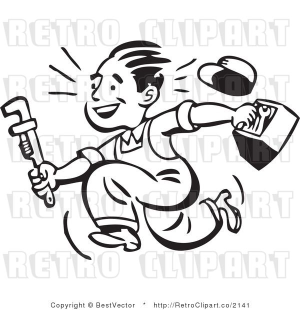 600x620 Retro Clipart Of Smiling Plumber Guy Running With Toolbox