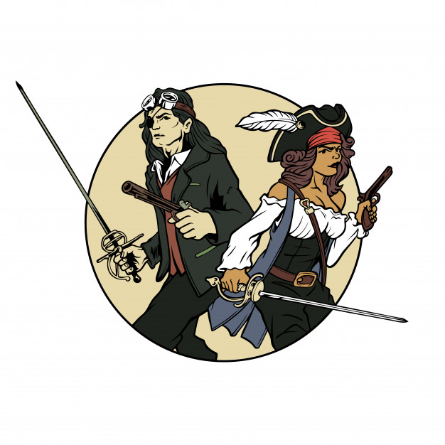 626x626 Handdrawn Vector Retro Man And Woman Pirates Bring Gun And Sword