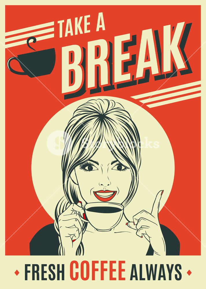 713x1000 Advertising Coffee Retro Poster With Pop Art Woman, Vector Format