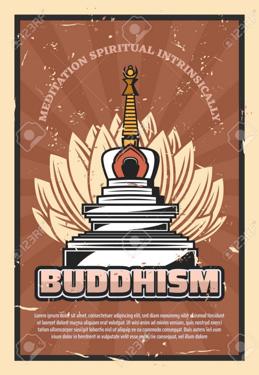 873x1261 Buddhism Religion Retro Poster, Vector Symbolic Stupa And Lotus