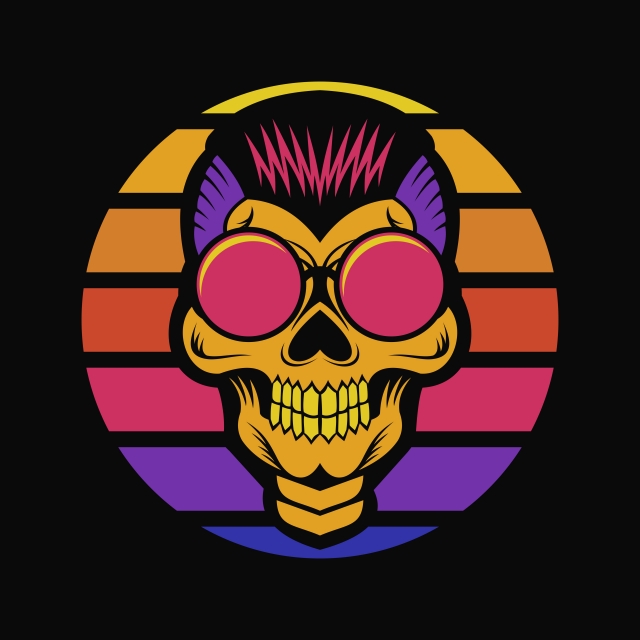 640x640 Skull Sunset Retro Vector Illustration, Style, Background