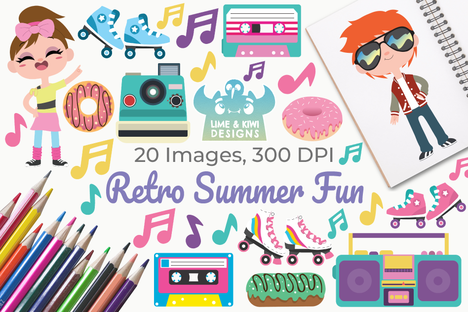 948x632 Retro Summer Fun Clipart, Instant Download Vector Art
