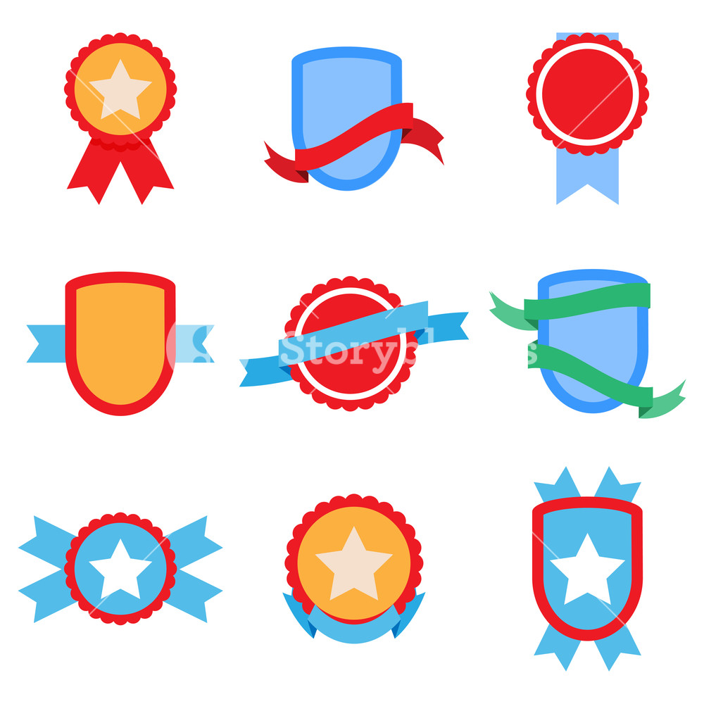 1000x1000 Flat Badge Set Label Banner, Shield With Ribbon, Sticker