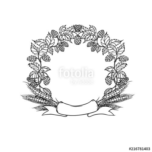 Wreath Circle Frame From Ribbon, Hops And Ear Wheat Vector Sketch 500x500 Wreath Circle Frame From Ribbon, Hops And Ear Wheat Vector Sketch