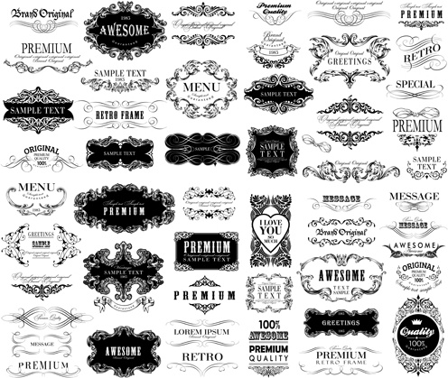 496x419 Black Vintage Ornaments With Labels And Ribbon Vector Free Vector