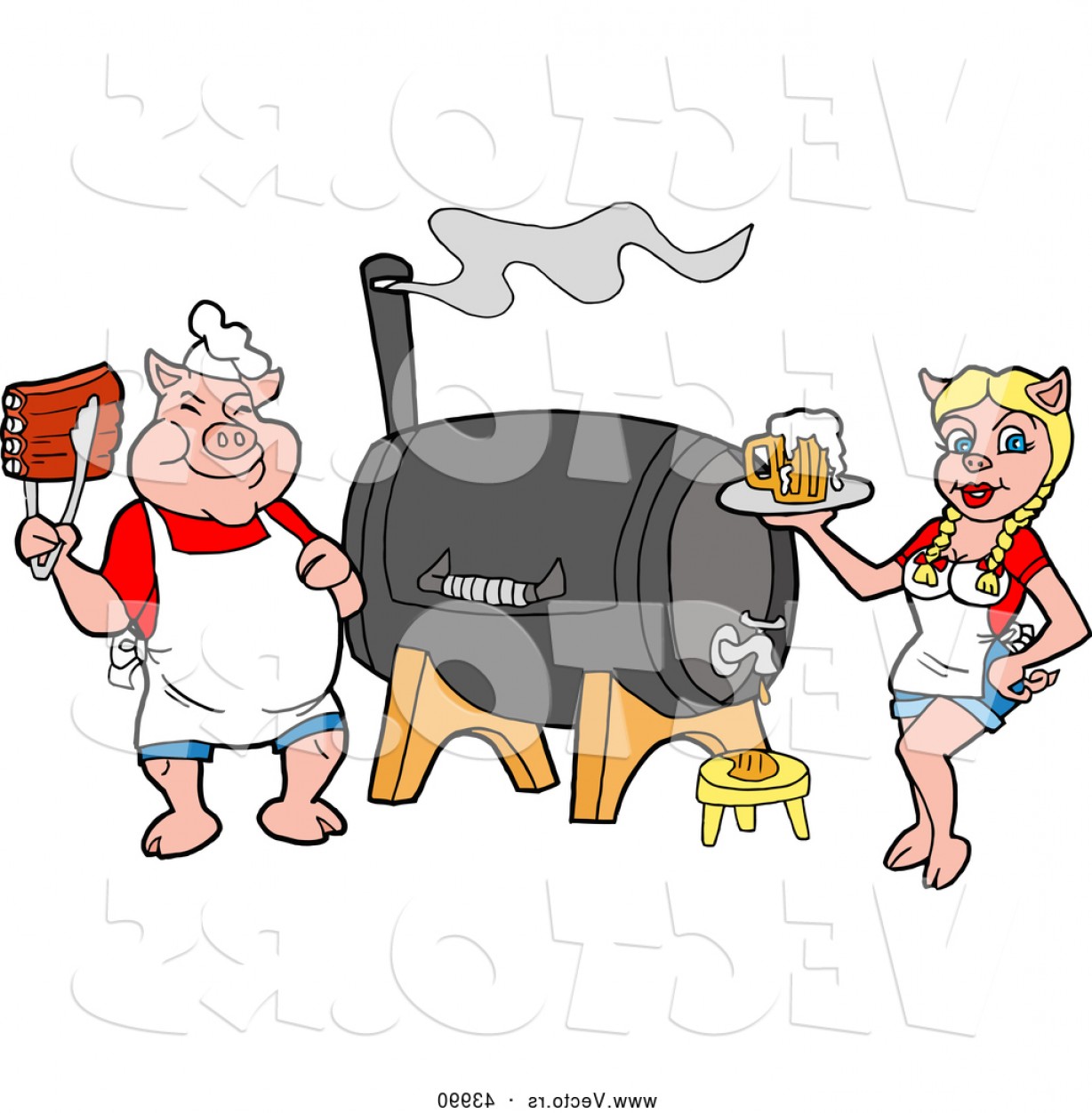 1228x1252 Vector Of A Cartoon Chef Pig With Bbq Ribs And A Waitress