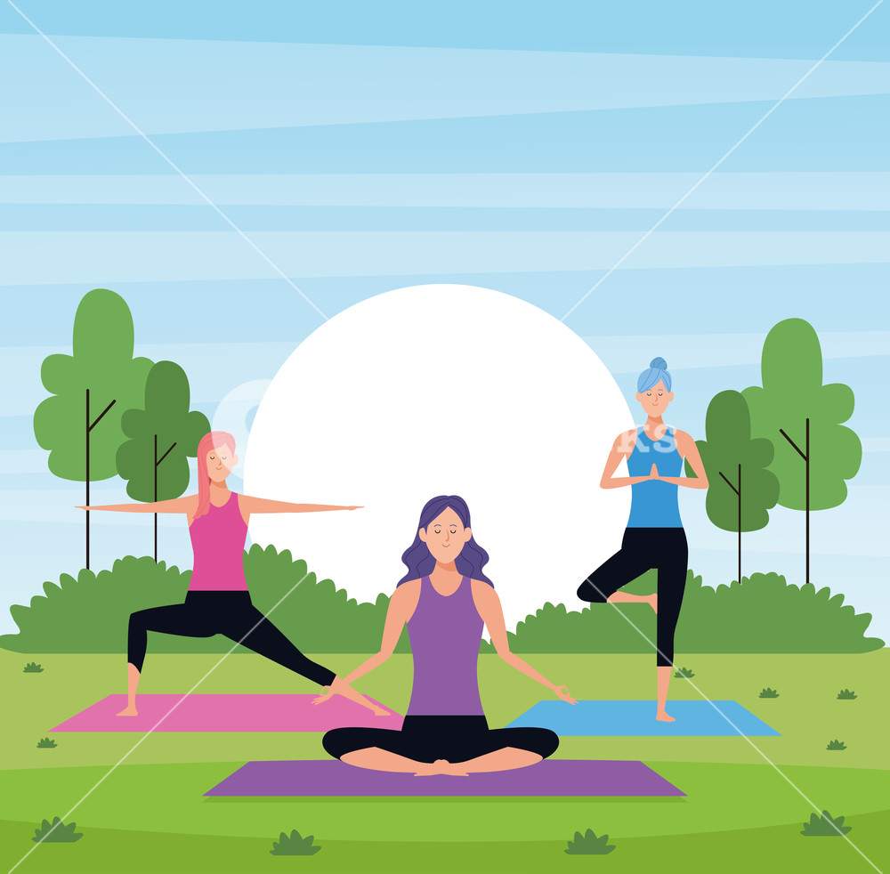 1000x982 Women Yoga In The Park With Trees And Rising Sun Vector