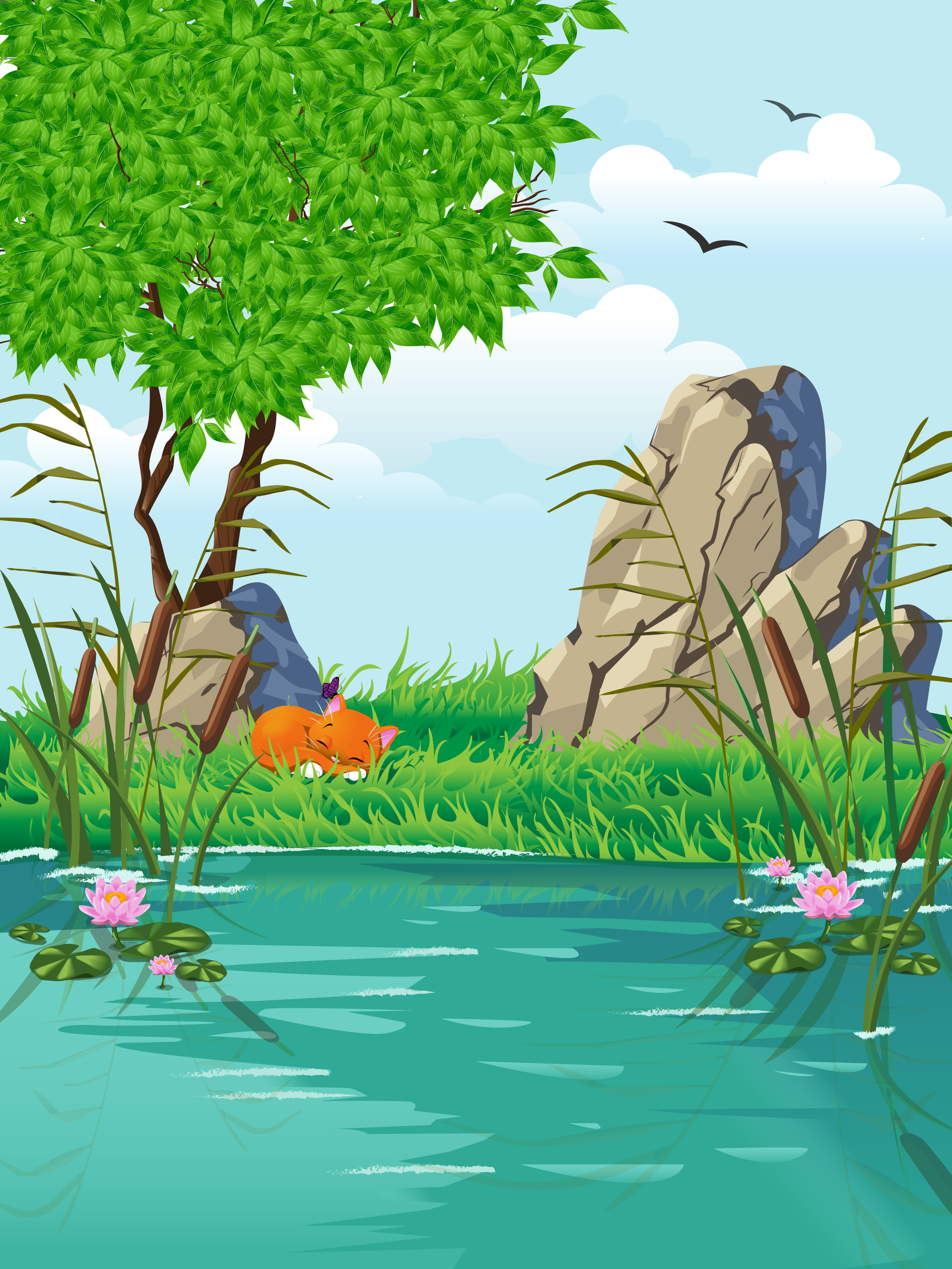 2500x3333 Sleeping Kitty In Nature, Sea River Vector Adobe Illustrator