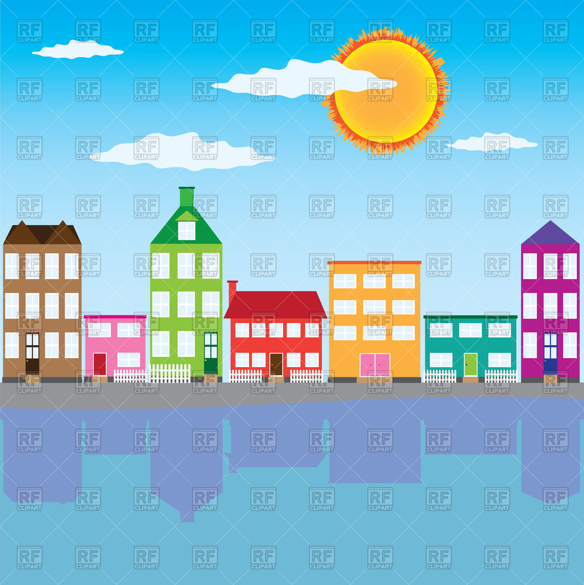 1199x1200 Group Of Houses Along Coast Of River Vector Image Of Architecture