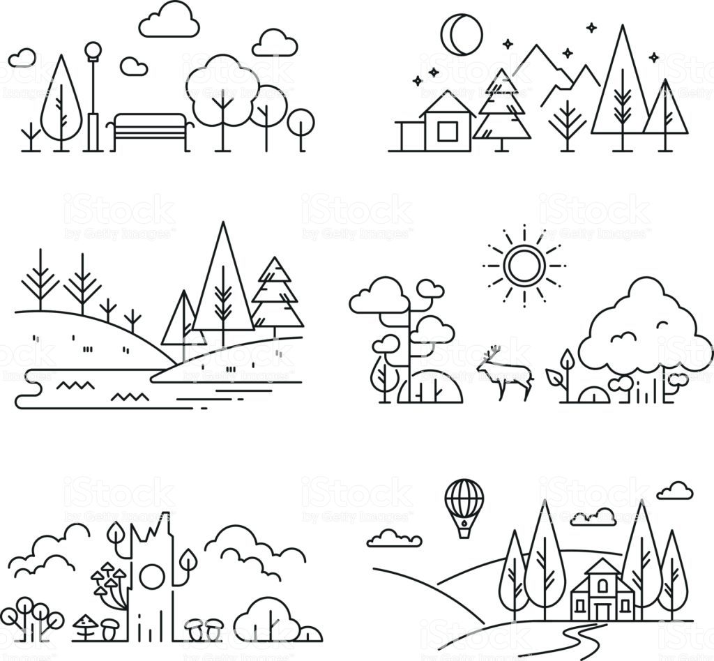 1024x948 Nature Landscape Outline Icons With Tree, Plants, Mountains, River