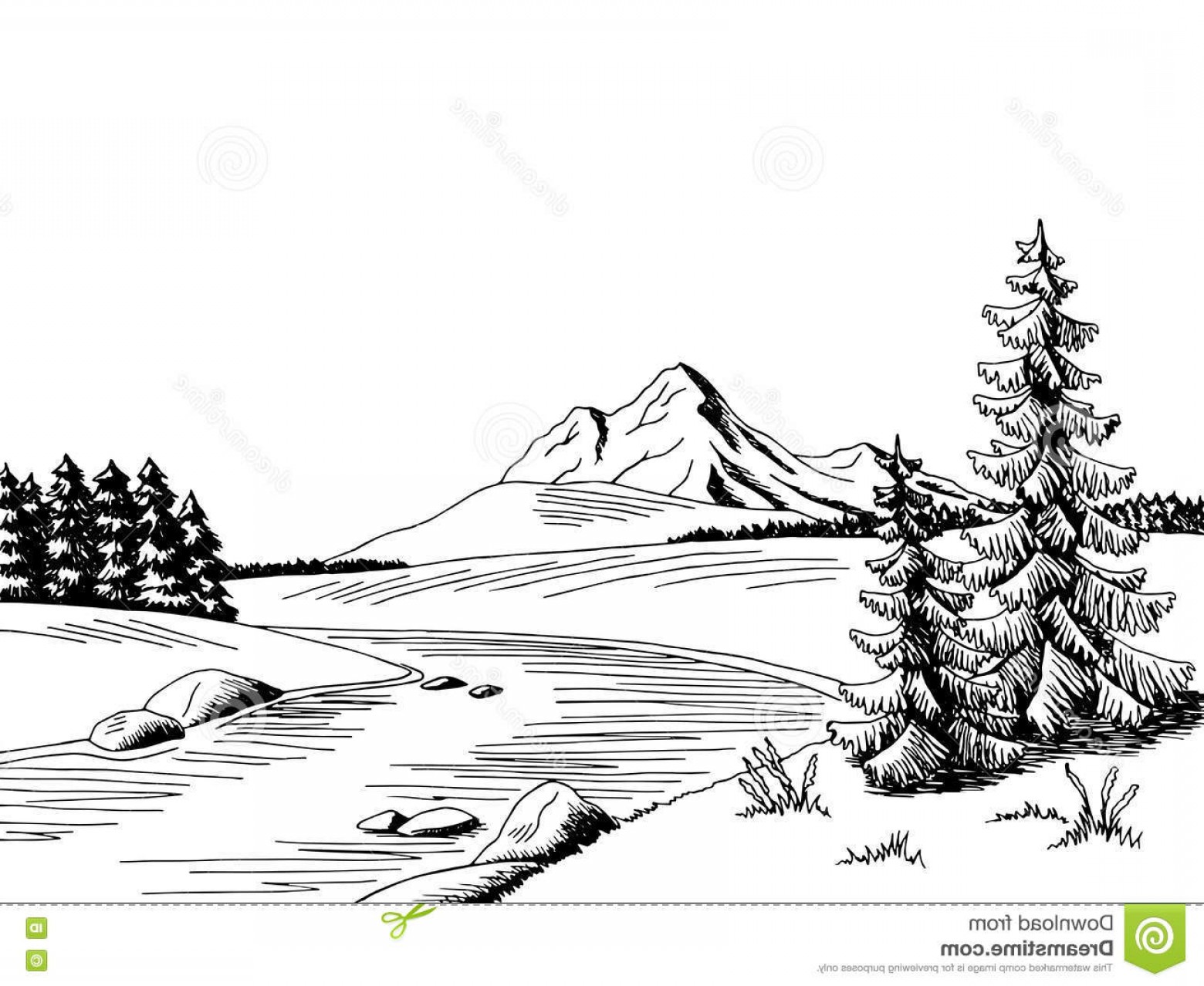 1560x1278 Stock Illustration Mountain River Graphic Art Black White