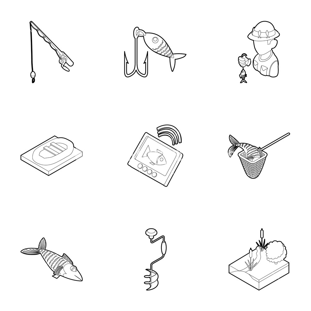 1000x1000 Fishing On River Icons Set Outline Illustration Of Fishing