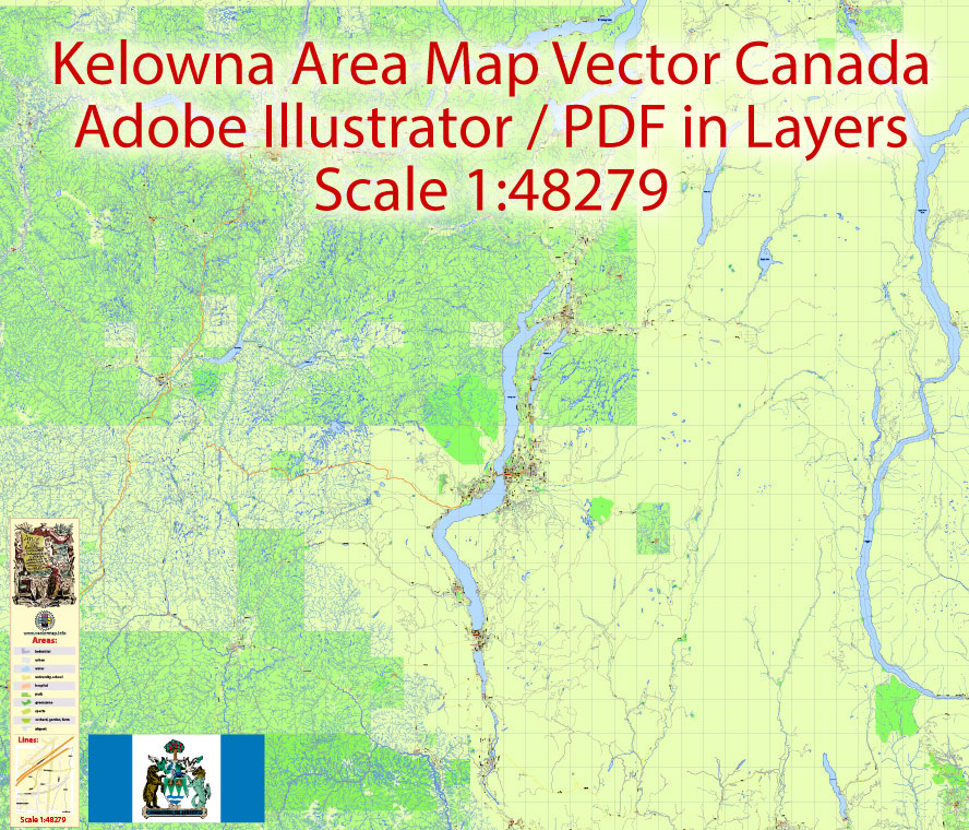 888x760 Kelowna Map Vector Large Area, Canada Exact Road Map Illustrator