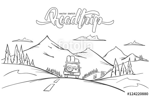 Vector Illustration Hand Drawn Mountains Landscape With Rides Car 500x322 Vector Illustration Hand Drawn Mountains Landscape With Rides Car