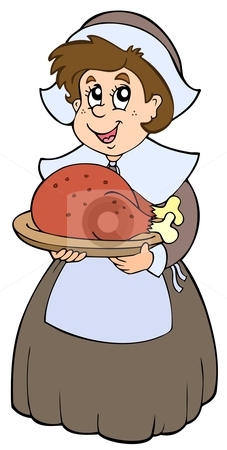 227x450 Pilgrim Woman With Roast Turkey Stock Vector