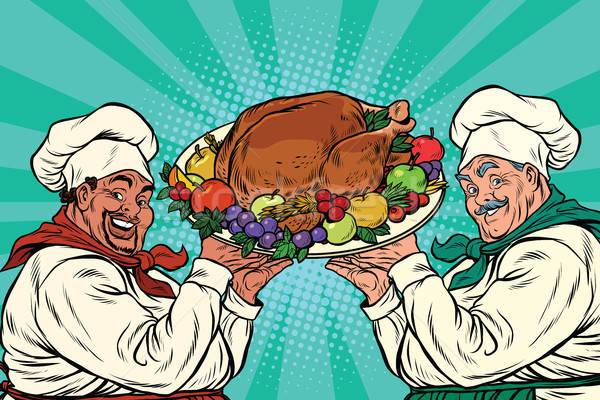 600x400 Multi Ethnic Chefs With Roast Turkey Vector Illustration Valeriy