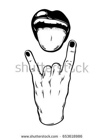 349x470 Vector Hand Drawn Illustration Of Rock Hand With Mouth And Tongue