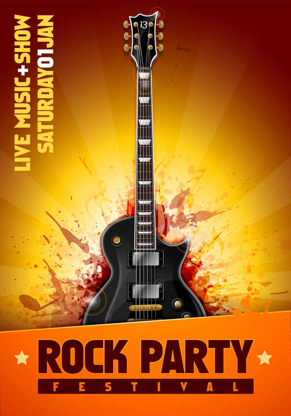 Rock Festival Party Poster With Guitar Vector Free Download 600x857 Rock Festival Party Poster With Guitar Vector Free Download
