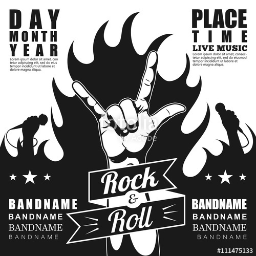 Black And White Rock Festival Poster, With Rock N Roll Sign 500x500 Black And White Rock Festival Poster, With Rock N Roll Sign