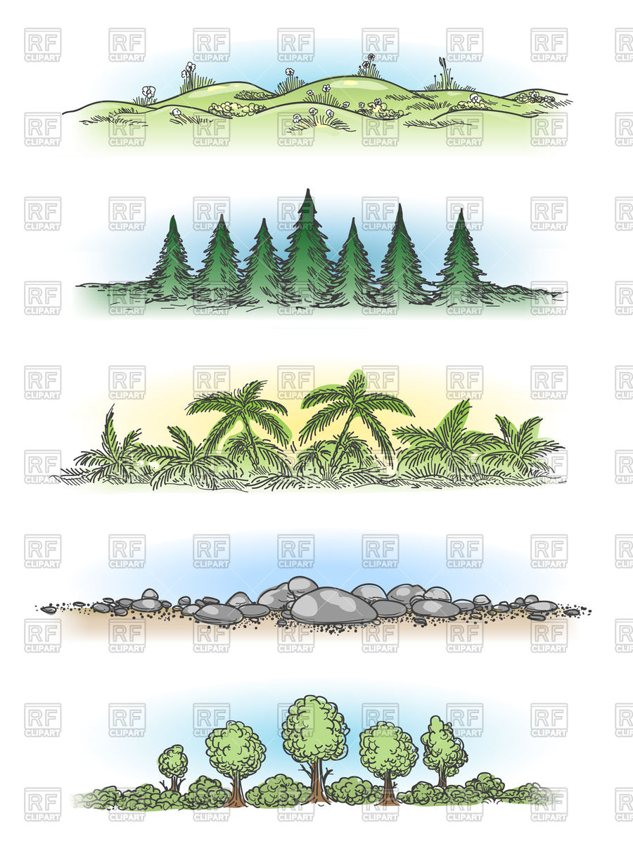 900x1200 Set Of Colorful Landscapes With Trees, Hills And Rocks Vector