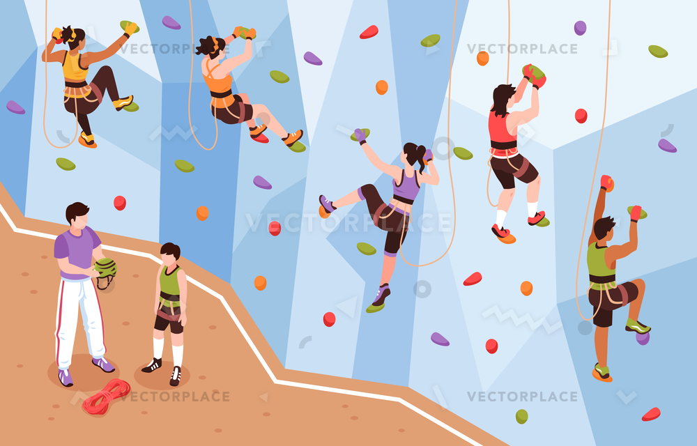 1000x640 Isometric Climbing Wall Composition View Coach Vector Illustration