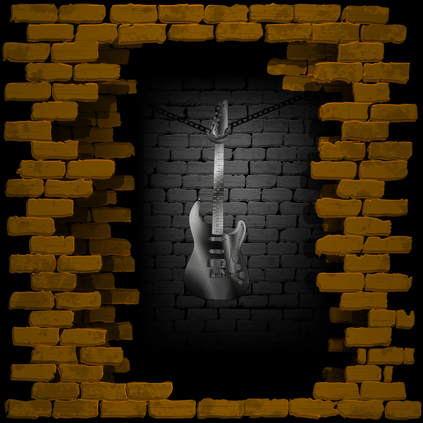 600x600 Steel Guitar In Rock Breaking Through Brick Wall Background Vector
