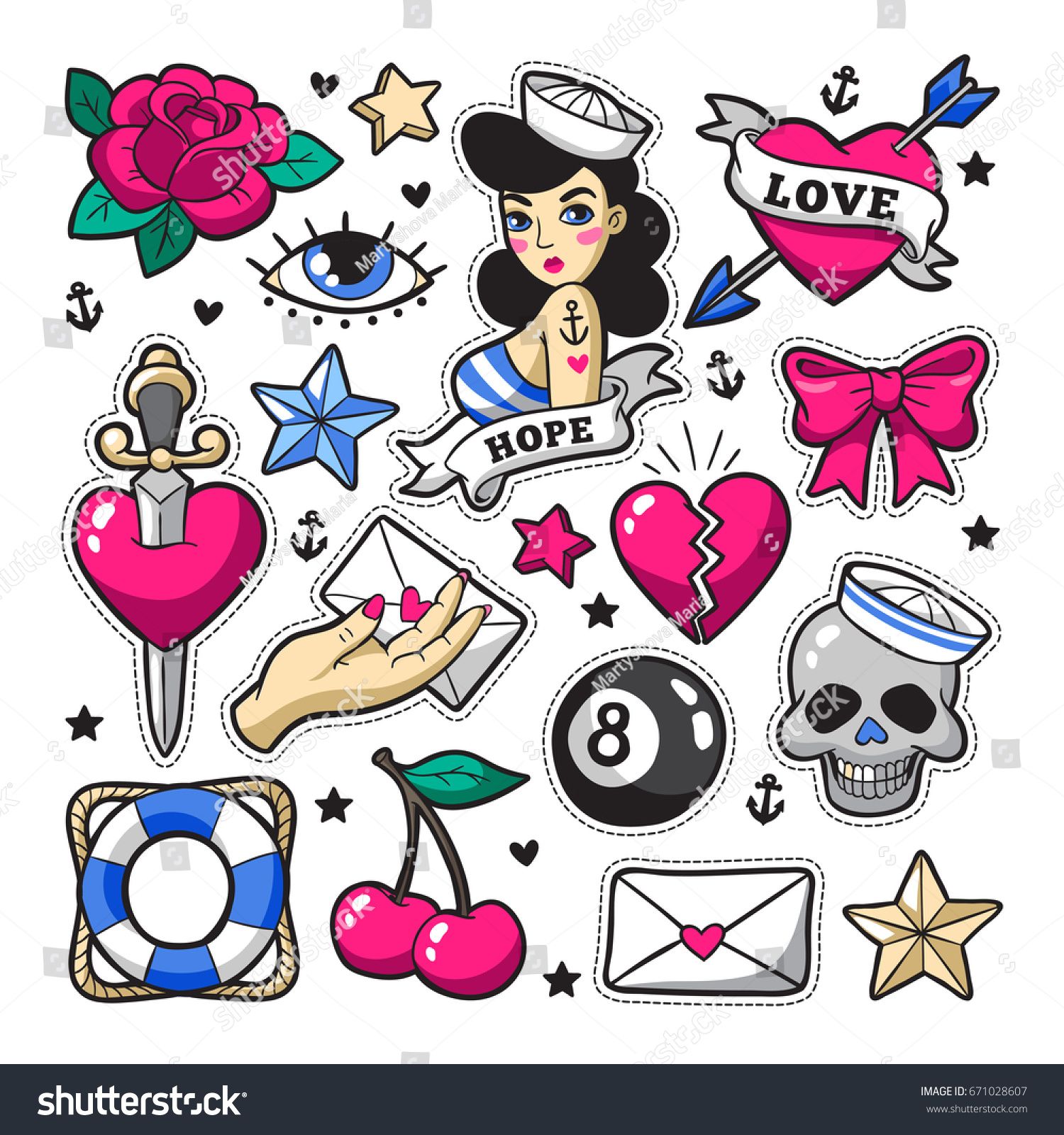 Old School Fashion Patch Badges With Heart, Cherry, Dagger 1500x1600 Old School Fashion Patch Badges With Heart, Cherry, Dagger