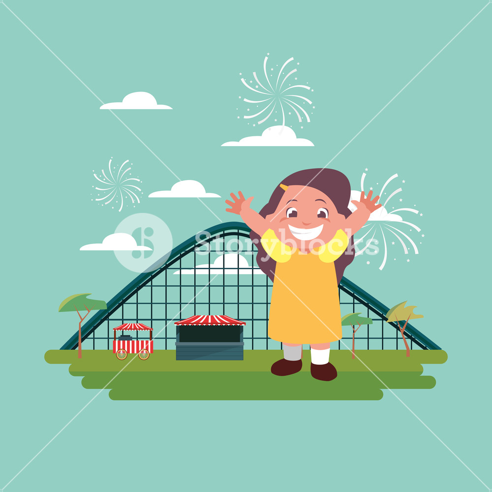 1000x1000 Happy Girl Carnival Roller Coaster Vector Illustration Royalty
