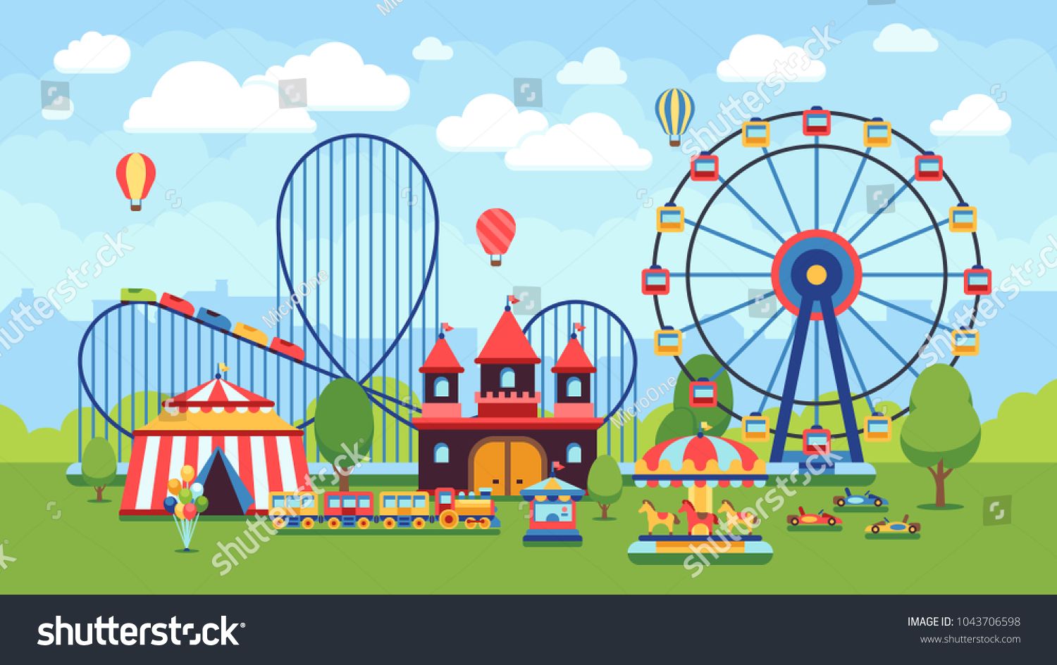 1500x945 Cartoon Amusement Park With Circus, Carousels And Roller Coaster