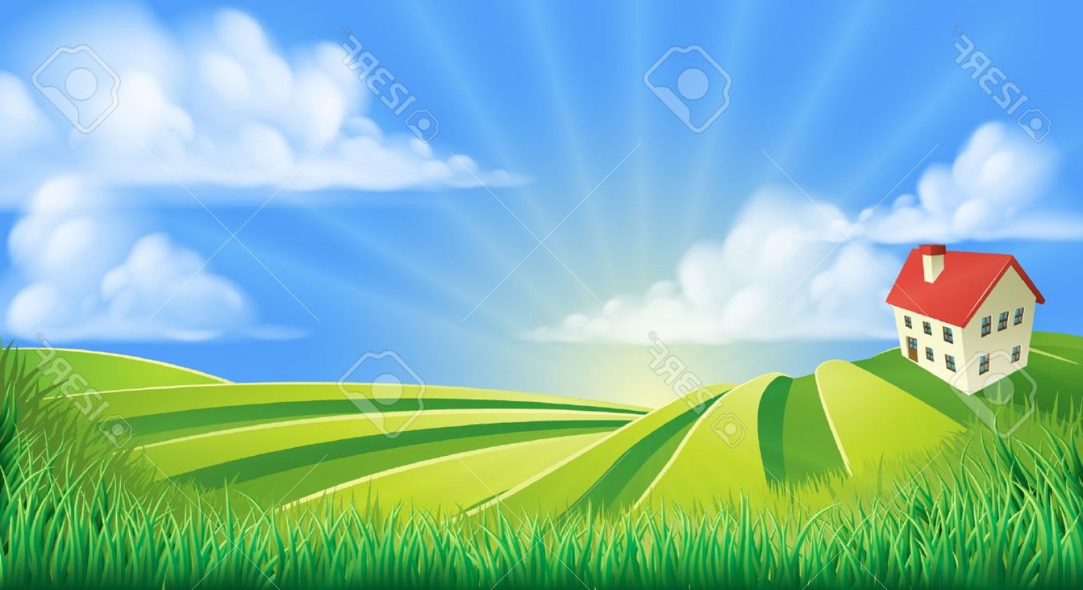 1560x850 Photostock Vector A Rolling Hills Fields Farm Sunrise Background