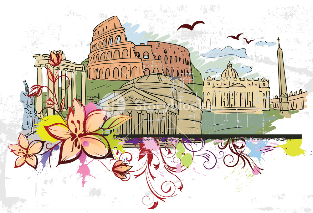 Rome Doodles With Floral Vector Illustration Royalty Free Stock 1000x680 Rome Doodles With Floral Vector Illustration Royalty Free Stock