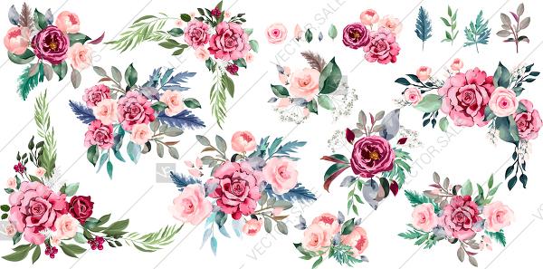 600x297 Marsala Red Boho Pink Rose Floral Bouquet Vector Clipart Set
