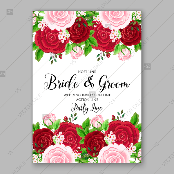 600x600 Red Pink Rose Wedding Invitation Vector Card Template Bridal