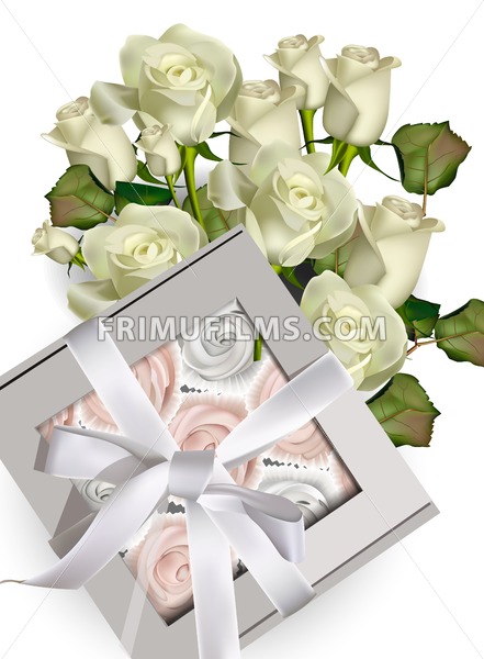 441x600 Sweet Meringues Gift Box And White Roses Bouquet Vector