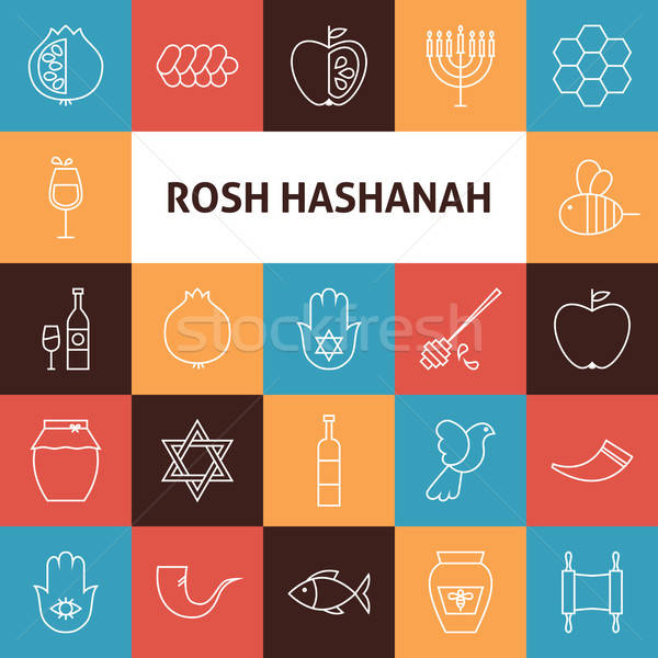600x600 Line Art Rosh Hashanah Jewish New Year Holiday Icons Set Vector