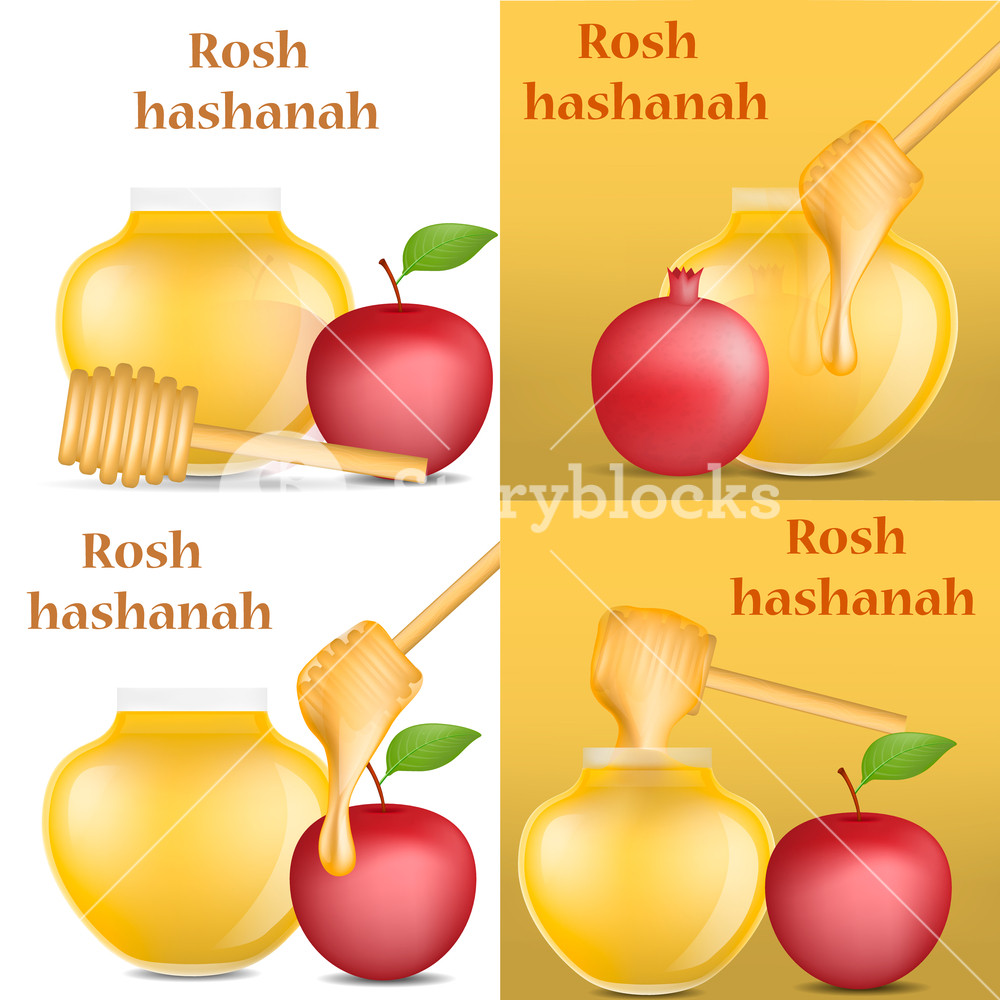 1000x1000 Rosh Hashanah Jewish Holiday Apple Honey Banner Concept Set