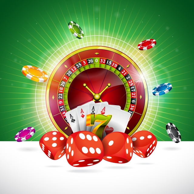 640x640 Casino Illustration With Roulette Wheel And Playing Chips On Green